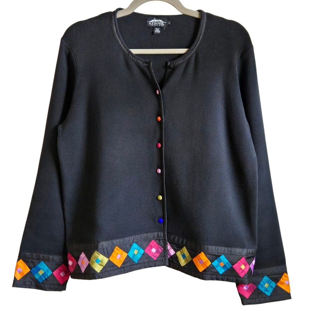Icelandic Design Black Cardigan Sweater Colorful Silk Patchwork Diamond Trim L